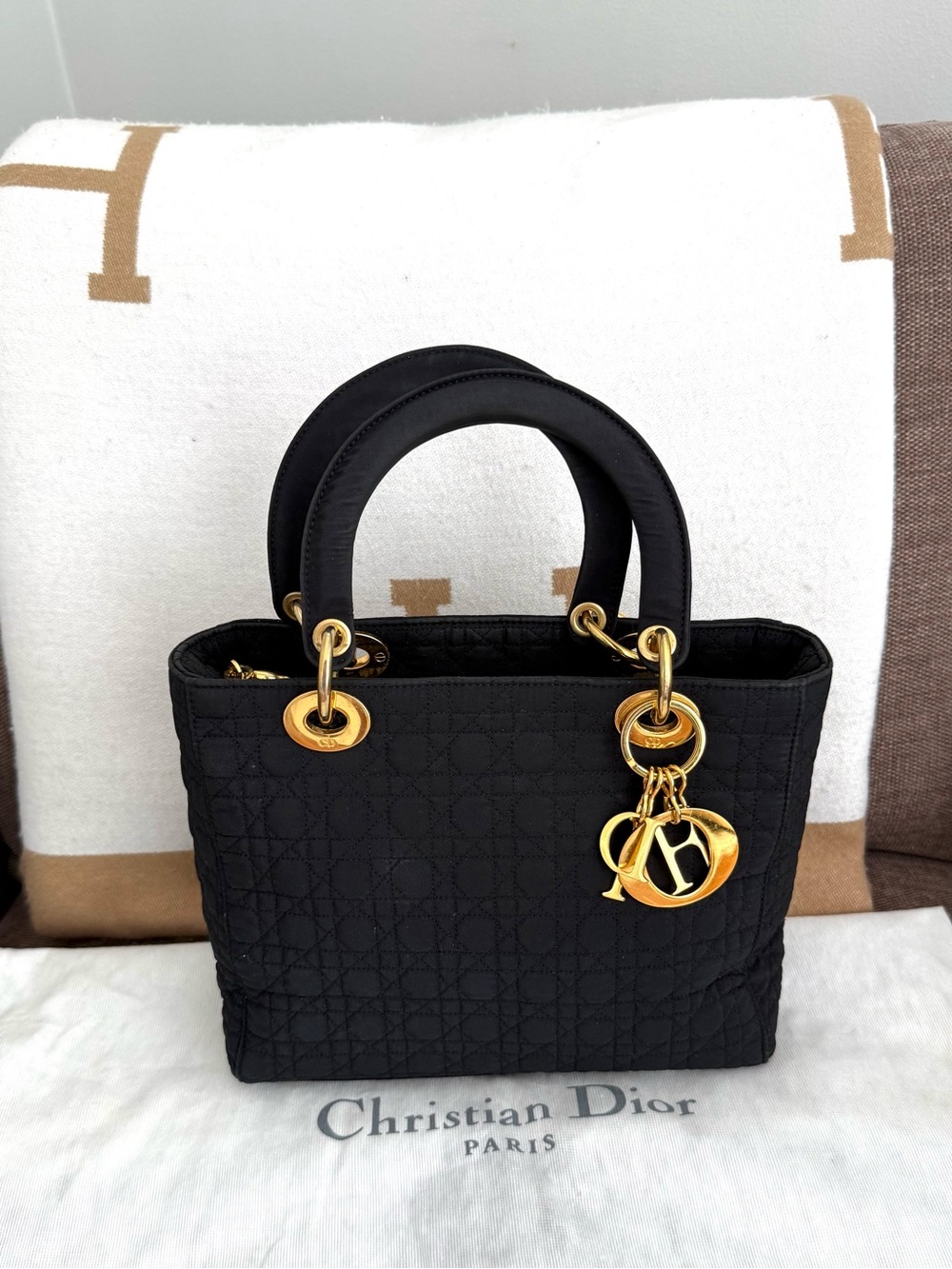 Authentic Dior Lady Dior black canvas small handbag tote gold hardware